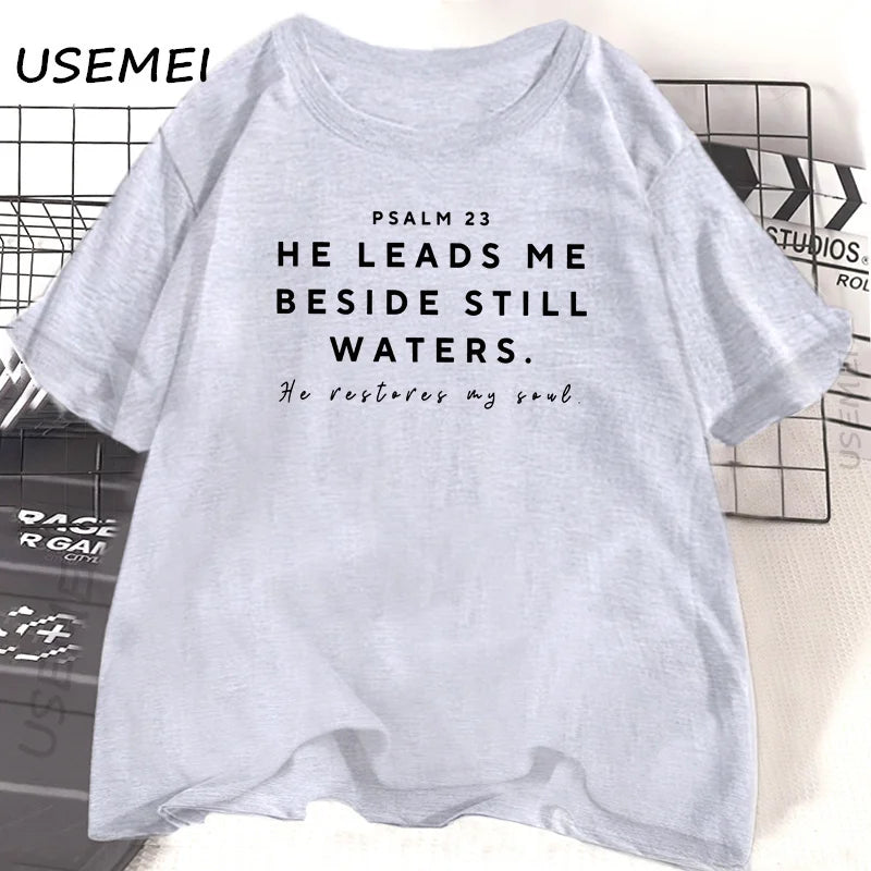 Christian Tshirts Women Bible Study God T-Shirt Jesus Tshirt Christian Mom Bible Verse Tee Psalm 23 Printed T-Shirt Cotton Top