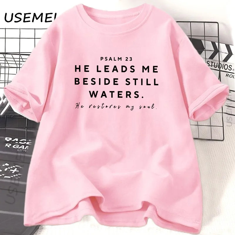 Christian Tshirts Women Bible Study God T-Shirt Jesus Tshirt Christian Mom Bible Verse Tee Psalm 23 Printed T-Shirt Cotton Top