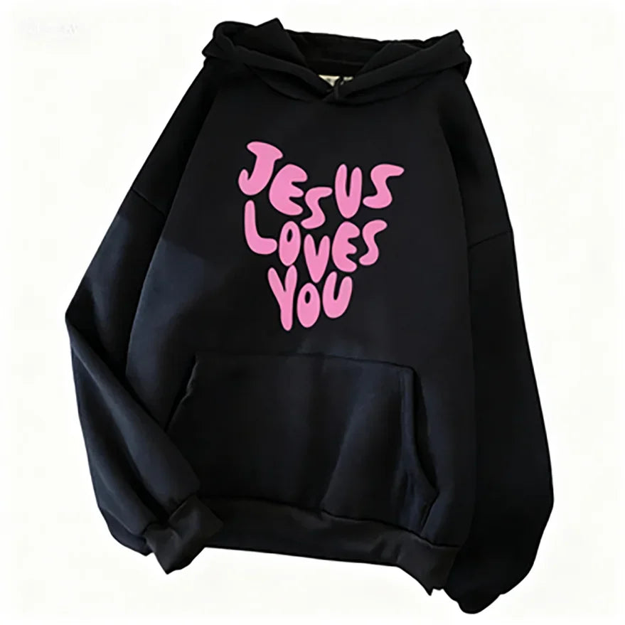 Jesus Loves Me Letter Funny Prints Hoodies Women Autumn Warm Sweatshirt Fleece All-Match Clothes Pocket Hoody