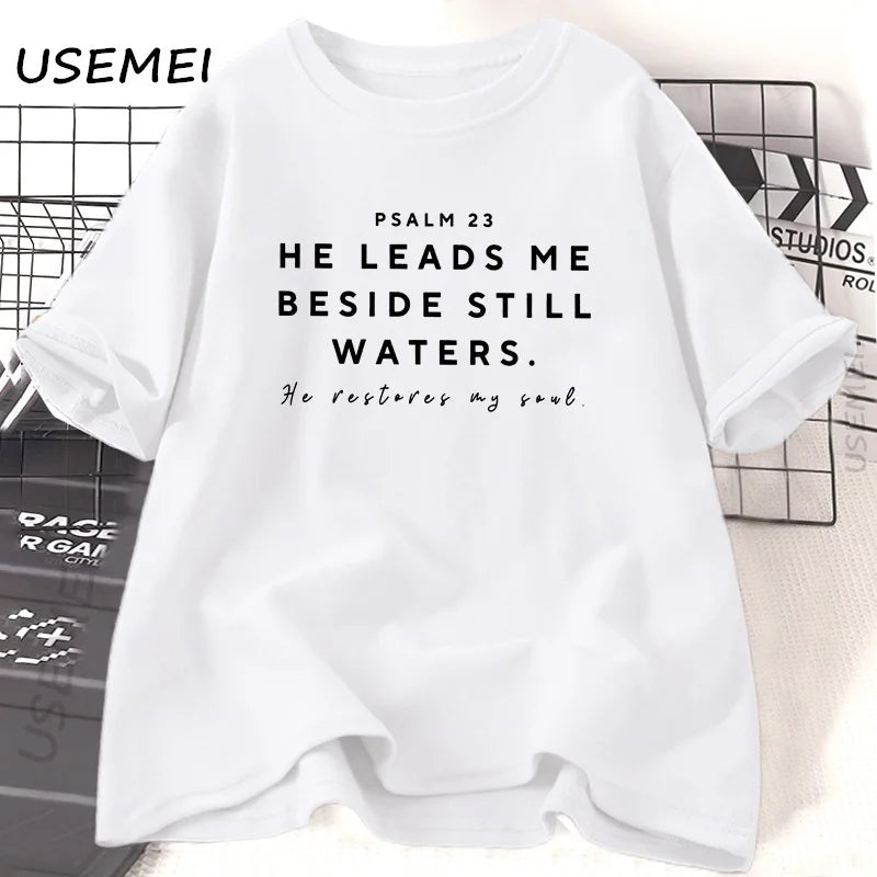 Christian Tshirts Women Bible Study God T-Shirt Jesus Tshirt Christian Mom Bible Verse Tee Psalm 23 Printed T-Shirt Cotton Top