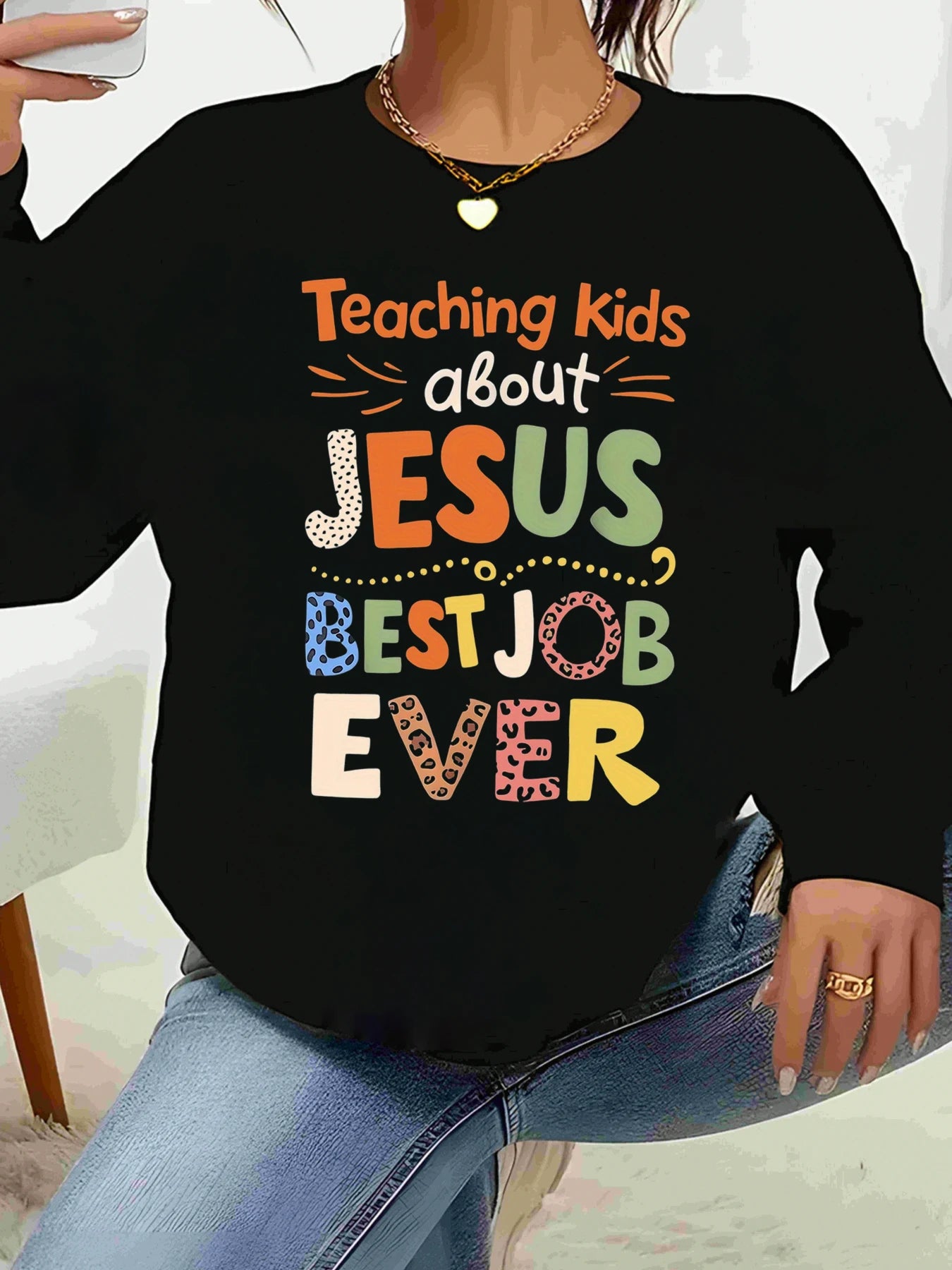 Teaching Kids about Jesus Best Job Ever Print Long Sleeve Top Christmas Church Wear Women's Casual Outfit