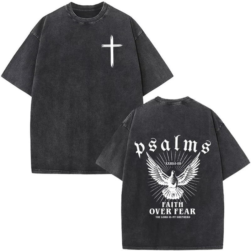 Christian Jesus Faith Over Fear Bible Verse Washed T-shirts Men Women Fashion Vintage Oversized T Shirts Harajuku T-shirt