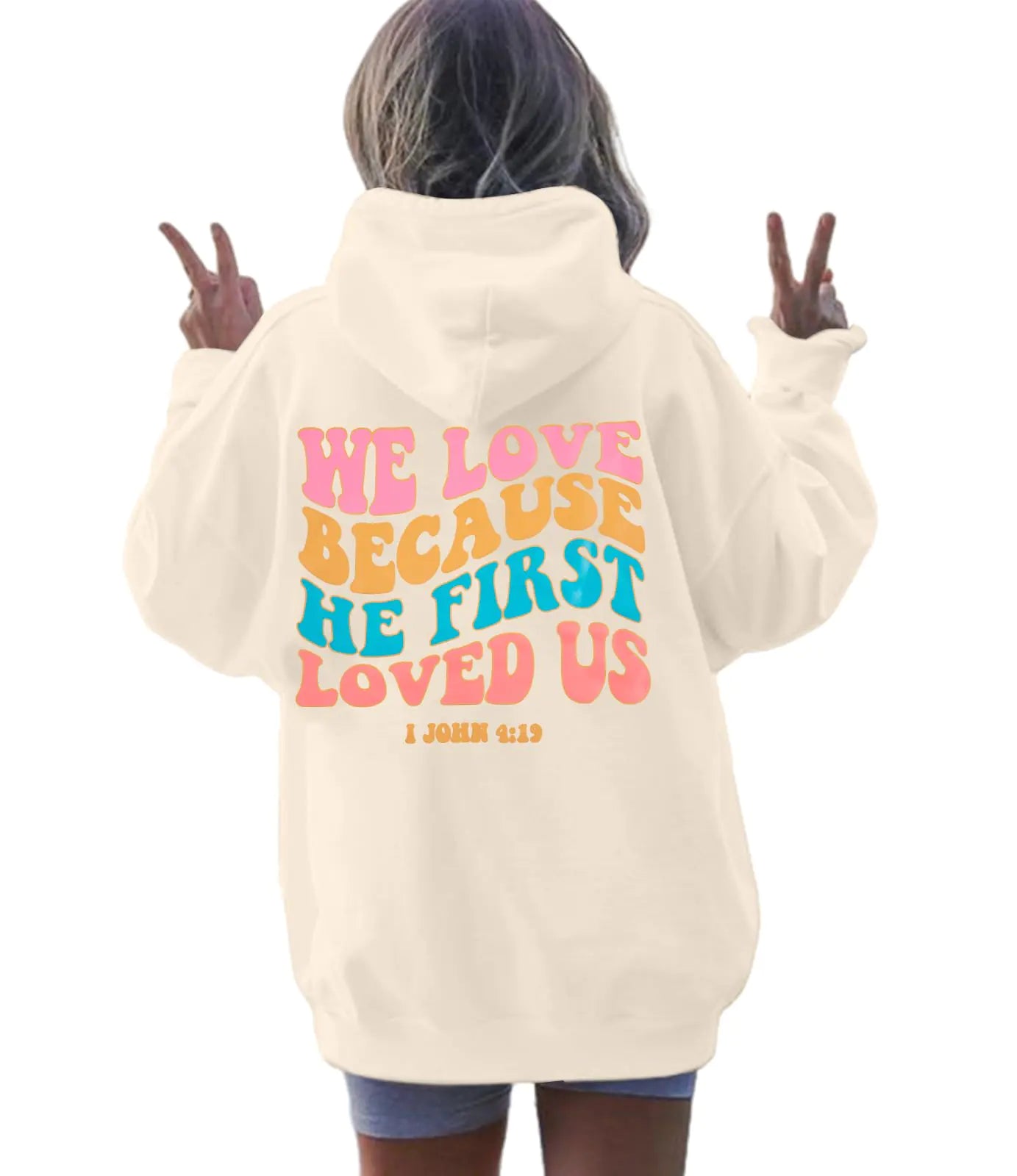 Jesus Hoodie Womens Christian Hoodies We Love Because He First Loved Us Christian Sweatshirt God Long Sleeve Tops Jesus Shirts Apricot