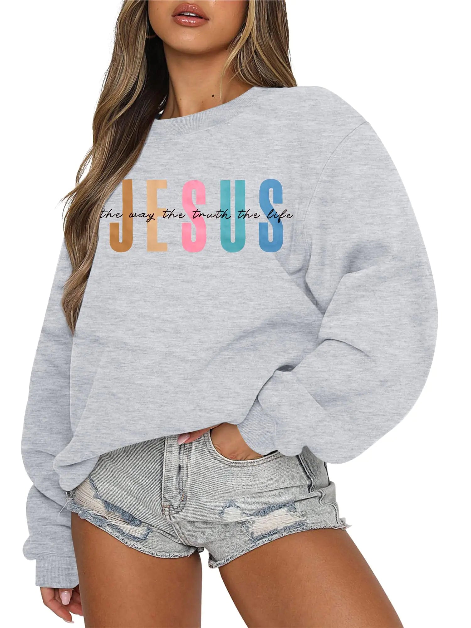 MAXIMGR Jesus Sweatshirt Women Christian Sweatshirts The Way The Truth The Life Christian Sweatshirt Religious Pullover Tops Grey