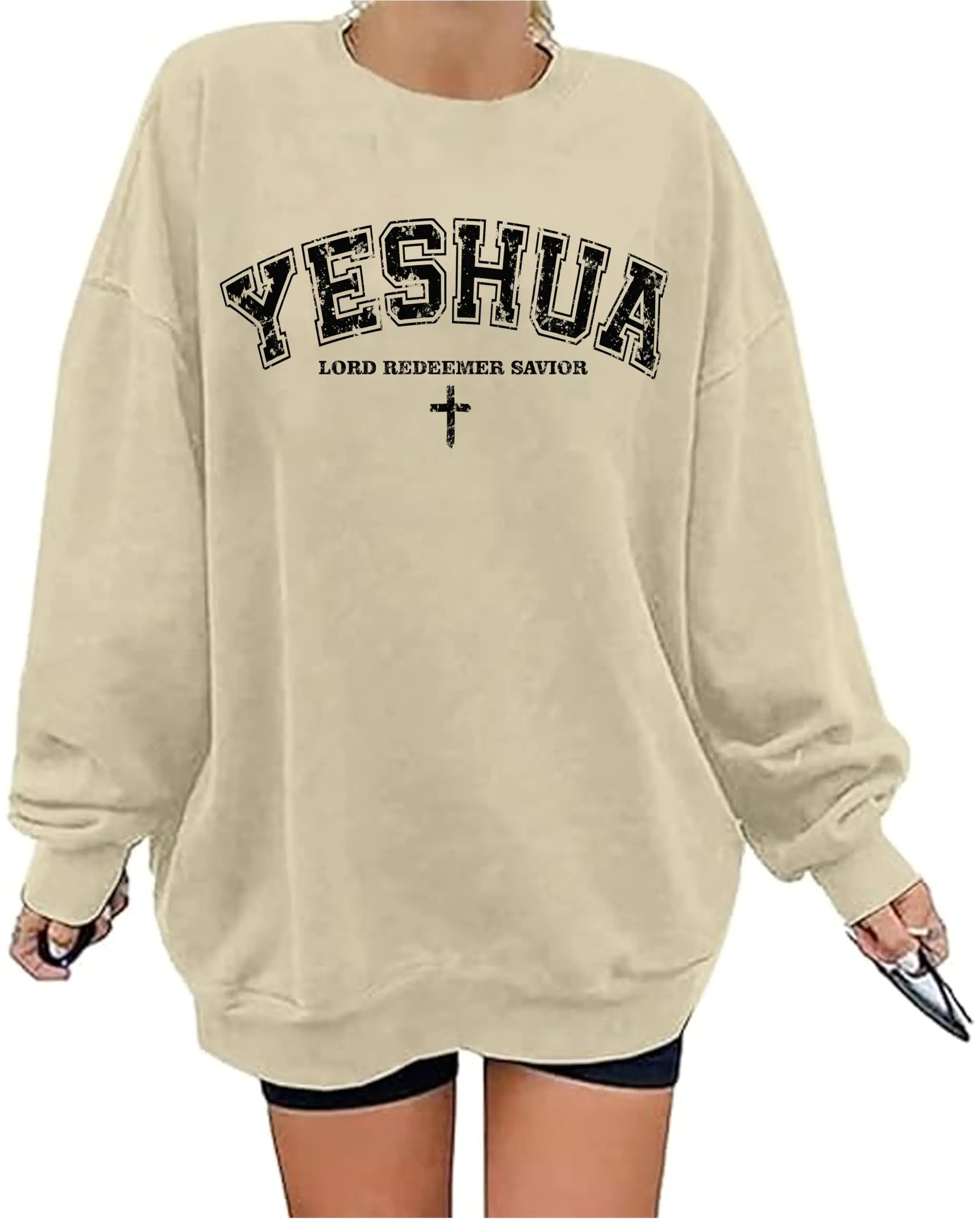 Christian Oversized Sweatshirts for Women Yeshua Lord Redeemer Savior Graphic Pullover Top Casual Loose Fit Outfits Apricot