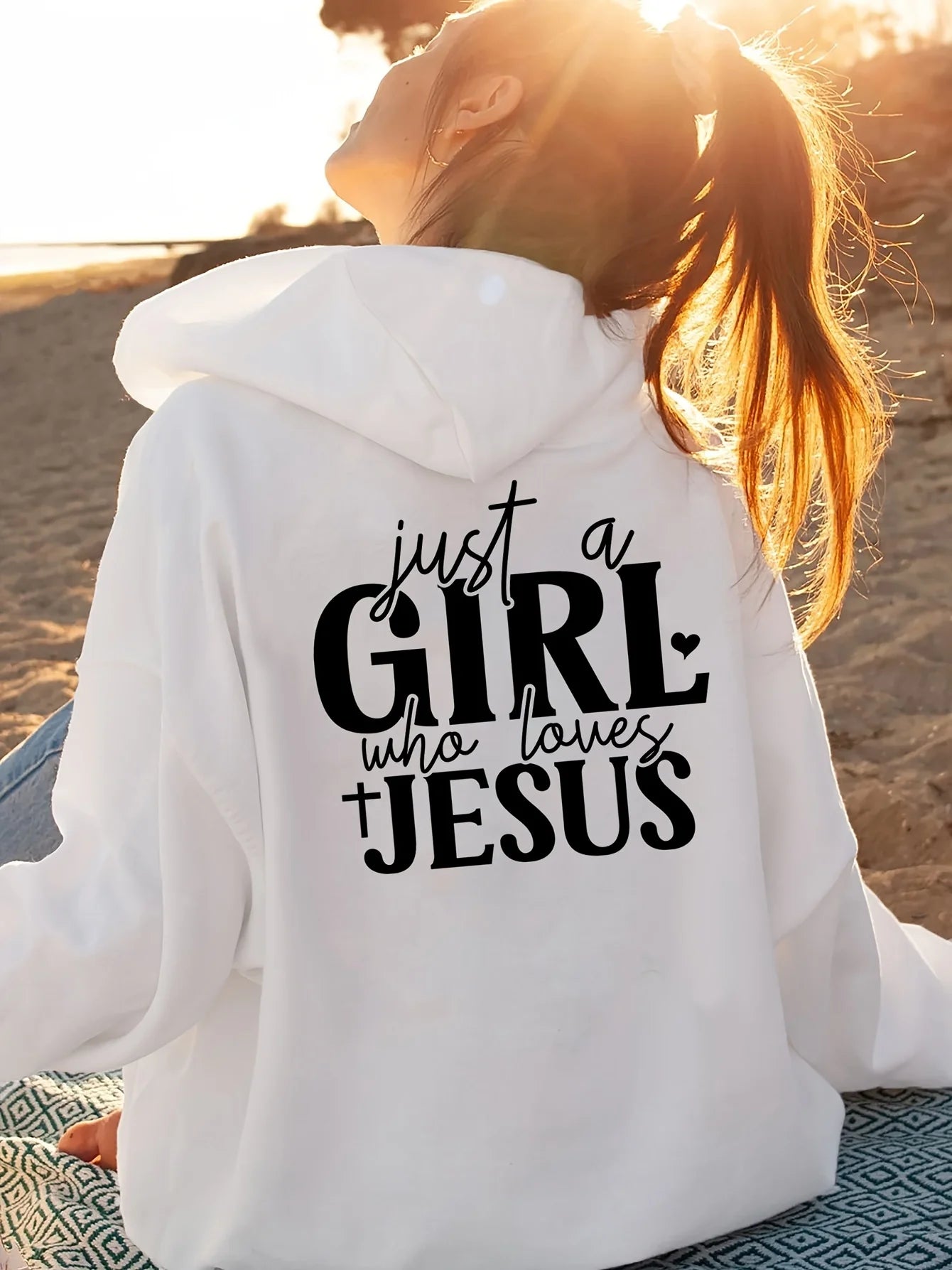 Just a Who Loves Jesus Hooded Pullover with Alphabet Print Long Sleeves Kangaroo Pocket Casual Sweatshirt for Women Minimalist