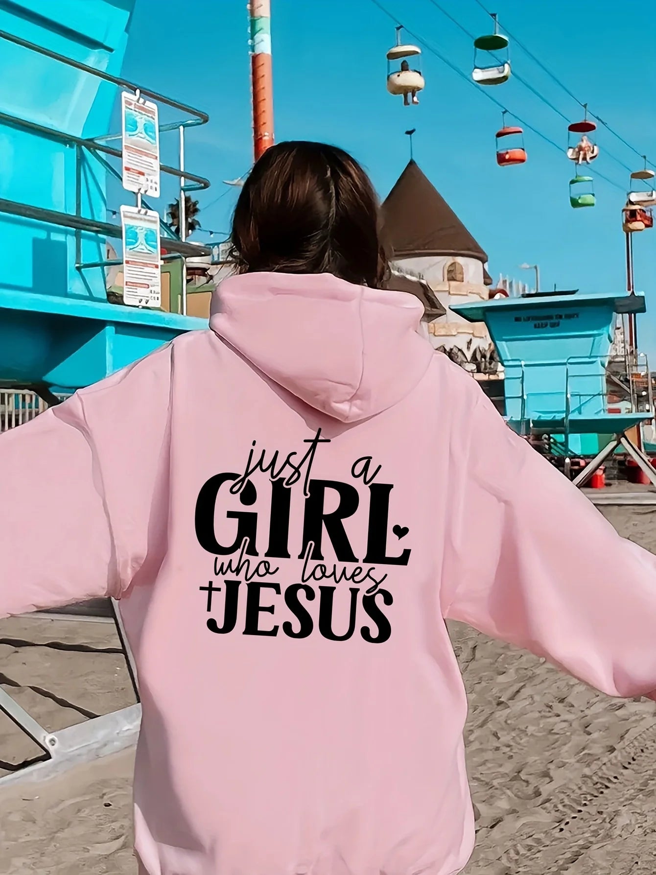 Just a Who Loves Jesus Hooded Pullover with Alphabet Print Long Sleeves Kangaroo Pocket Casual Sweatshirt for Women Minimalist