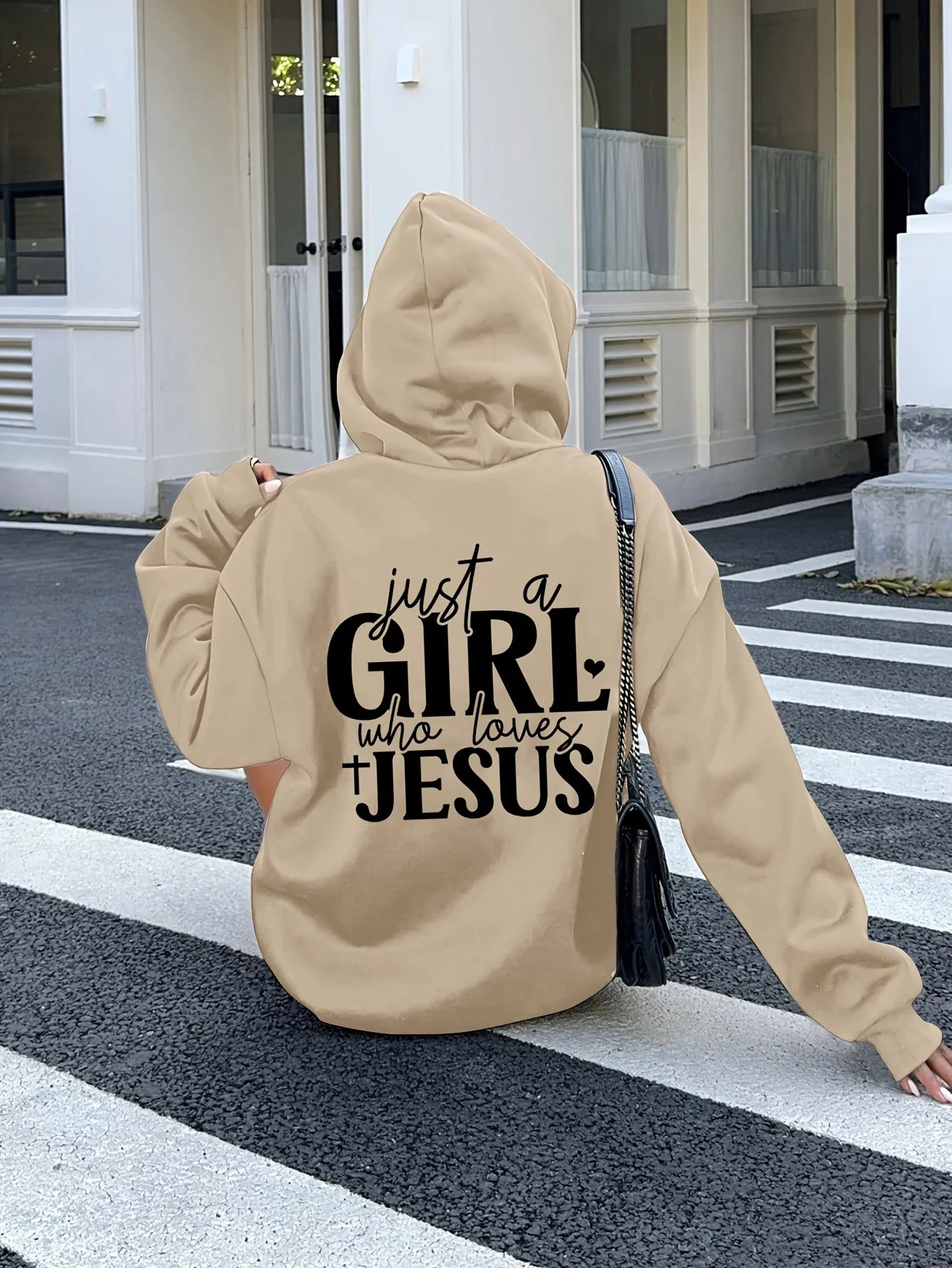 Just a Who Loves Jesus Hooded Pullover with Alphabet Print Long Sleeves Kangaroo Pocket Casual Sweatshirt for Women Minimalist