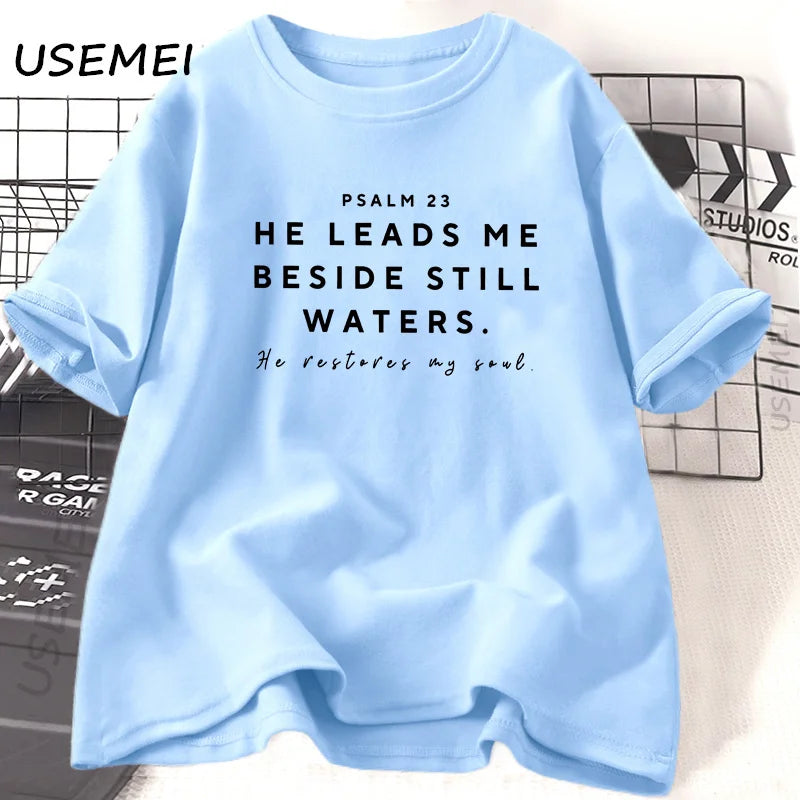 Christian Tshirts Women Bible Study God T-Shirt Jesus Tshirt Christian Mom Bible Verse Tee Psalm 23 Printed T-Shirt Cotton Top