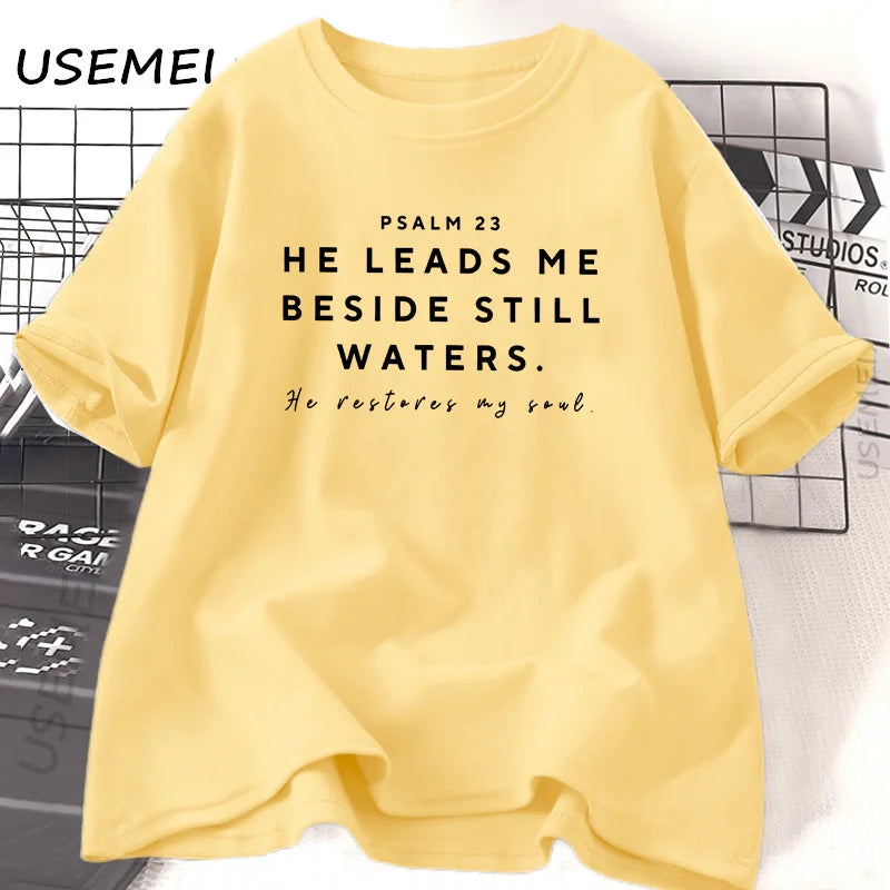 Christian Tshirts Women Bible Study God T-Shirt Jesus Tshirt Christian Mom Bible Verse Tee Psalm 23 Printed T-Shirt Cotton Top