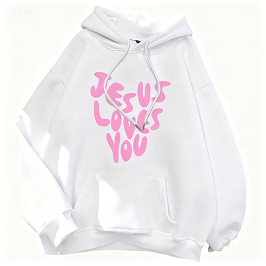 Jesus Loves Me Letter Funny Prints Hoodies Women Autumn Warm Sweatshirt Fleece All-Match Clothes Pocket Hoody