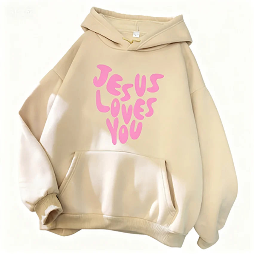 Jesus Loves Me Letter Funny Prints Hoodies Women Autumn Warm Sweatshirt Fleece All-Match Clothes Pocket Hoody
