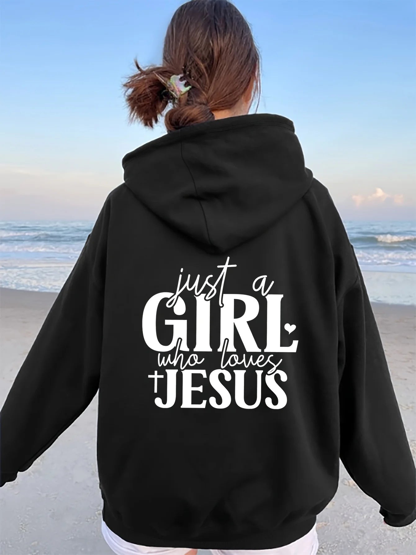 Just a Who Loves Jesus Hooded Pullover with Alphabet Print Long Sleeves Kangaroo Pocket Casual Sweatshirt for Women Minimalist